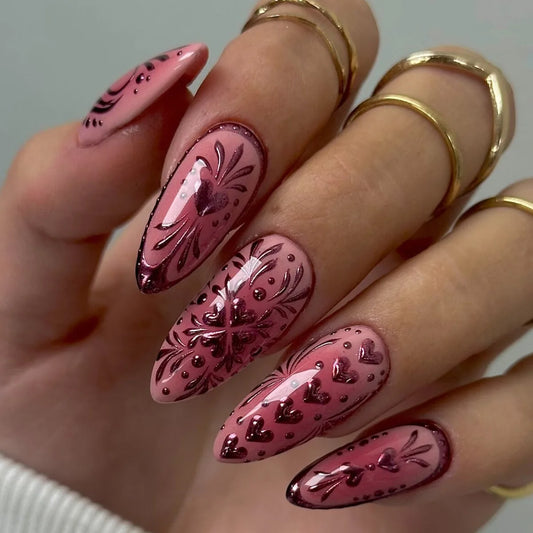 24Pcs Mid-length Almond Press on Fake Nails 3D Love Heart Line Design Full Cover Nails Tips Red Smudge Reusable False Nails Art