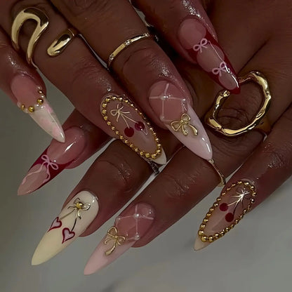 24pcs Long Almond Press on Nails Gold Bow Fake Nails Cherry Pattern False Nail Artificial Tips Накладные Ногти Uñas Postizas 네일팁