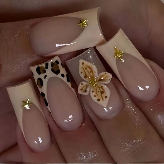 24Pcs Mid-length Square Head French False Nails Press on 3D Flower Design Full Cover Nails Tips Leopard Print Reusable Fake Nail