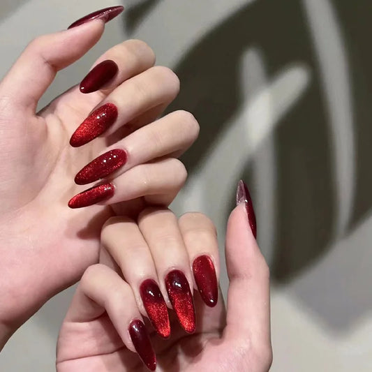 24Pcs/set Red Cat Eye Designs French Mid-length Oval Almond Press on False Nails Glitter Simple Fashion Detachable Manicure Art