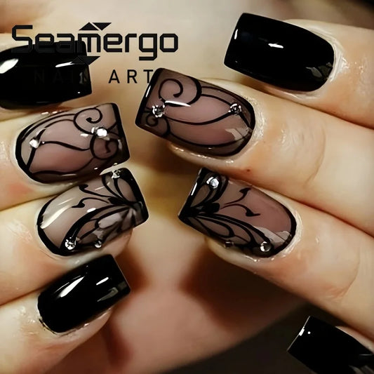 24PCS Press on Nails Gothic Black Vine Fake Nail Almond Shape Ins Style Dark Elegant Vintage False Nails for Women Edgy Manicure