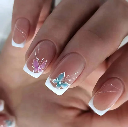 24Pcs Nude White French Fake Nail Short Square Nail Tips Fashion Wearable False Nails with Glue Simple Full Cover Press on Nails