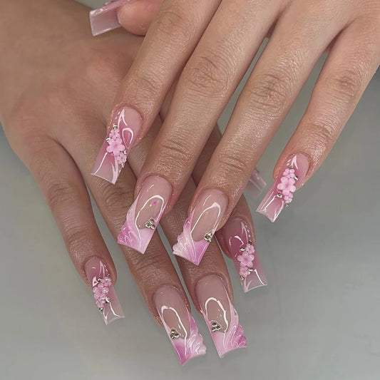 24pcs Mid-length Square False Nails Sets French Gradient Pink Coffin Fake Nail Art with Flower Rhinestone Design Press on Nails