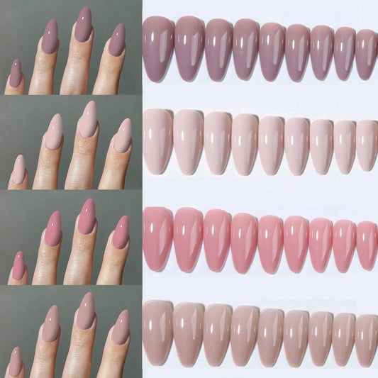 96 Pieces (4 Types Mixed) Long Almond-Shaped Nude Gray Glossy Acrylic Nail Stickers Fit Perfectly On Long Nails
