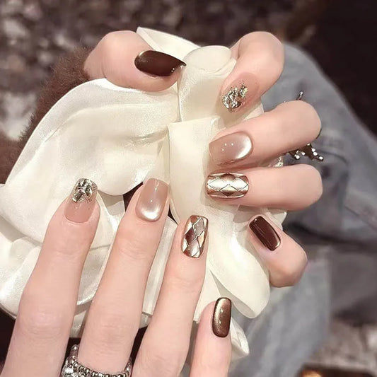 24pcs Plaid Diamond Fake Nails Tips Retro Glitter Ballet Press on Nails Cat's Eye Short Brown False Nail Acrylic Stick on Nail