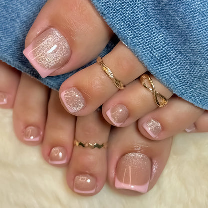 Nude Pink Color Fake Toenails 24Pcs Simple Charm Press On Toes Nails Flower Printed White French Tip Reusable False Nails