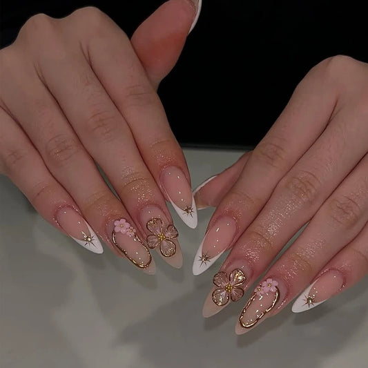 10PCS Stiletto Pink With Flowers Medium Fake Nails, Pink French Pointed Fake Nails With Gold Design, Nail Flower Stick Nails