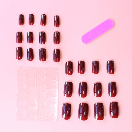 ARTAUG 24PCS Press On Nails Short Square Wine Red Full Cover Fake Nail Set Summer Nails Tipsy Christmas Mother's Day Glisten