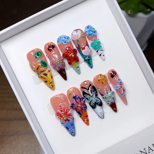 10Pcs French Almond Handmade Press on Fake Nails Long Golden Spring Gradient Flowers Designs Nail Stickers Wearable Manicure Set