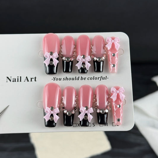 10pcs high-end Sweet and cool style, hand-painted three-dimensional bowknot, shiny round diamonds handmade fake nails