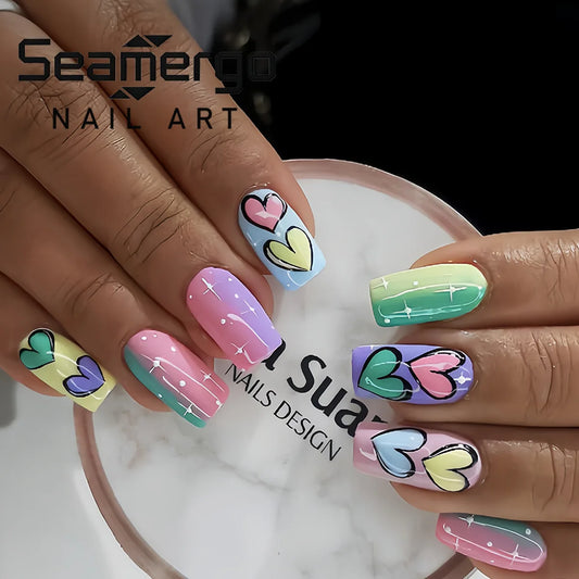 24PCS Short Square Cartoon Love Heart Fake Nail Y2K Macaron Color Full Cover Press on Nails Sweet Removable Vitality False Nails