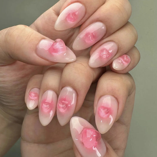 24pcs Simple Almond Press on Nails Art Love Design Pink Smudge Mid-length Oval False Nail Tips Detachable Fake Nail Set Finished