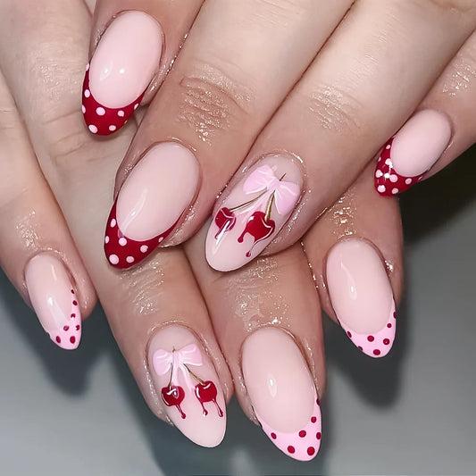 24pcs Polka Dot Red Fake Nail Long Almond Nails Sets Press on French Round Head False Nails Wearable Cherry Bow Design Manicure