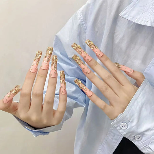 10pcs high-end Long pink and golden small diamonds handmade coffin French tips fake nails, Party travel nail decoration patches