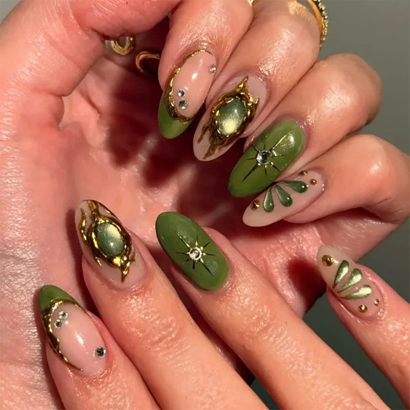 24Pcs Short Almond Fake Nails Butterfly Wings Nail Art with Glue Glitter Flower False Nails Acrylic Autumn Winter Press on Nail