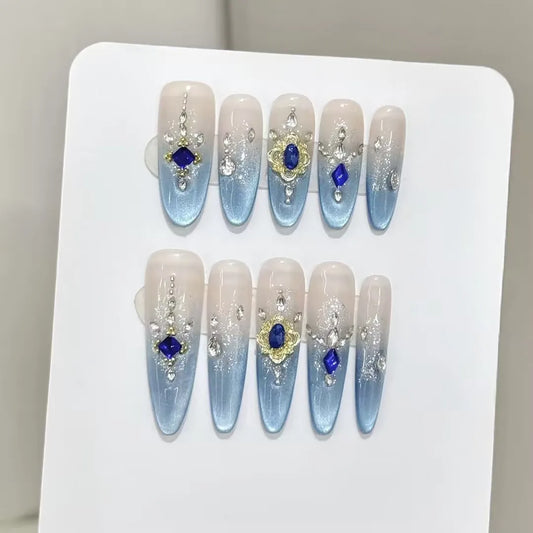 10PCS Oval/Stiletto Handmade  Press On Nails,Ice Blue Luxury Style,Suitable For Festivals Parties And Daily Wear.