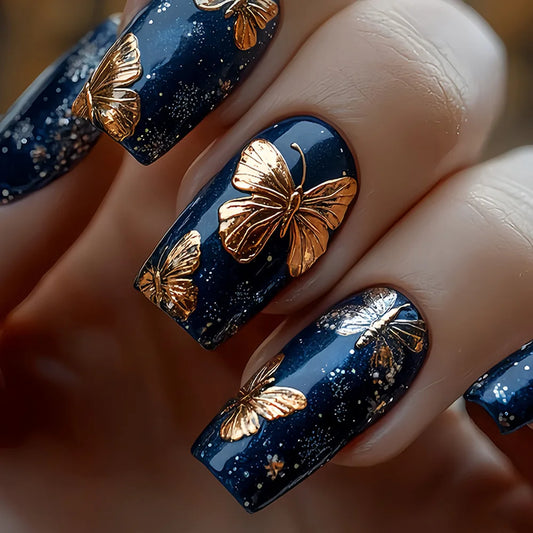 24Pcs Mid-length Square Head Press on False Nails with Golden Butterfly Design Full Cover Nails Tips Wearable Finished Fake Nail