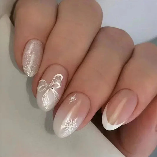 24Pcs Christmas Press on Nails White Snowflake  Fake Nails French Almond Glitter Artificial Nails Full Cover Nail New Year Gifts