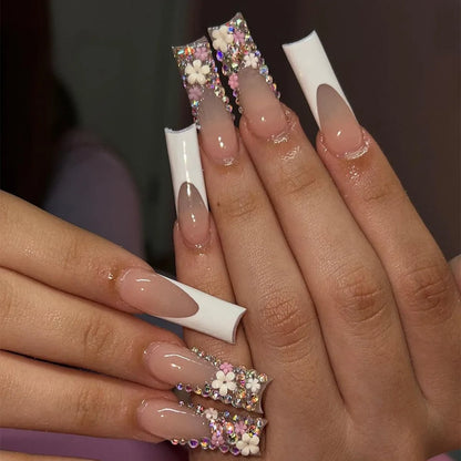 24Pcs Long Square Head French Fake Nail Tips 3D Love Heart Design Press on Nails with Rhinestone Pattern Wearable False Nail Art