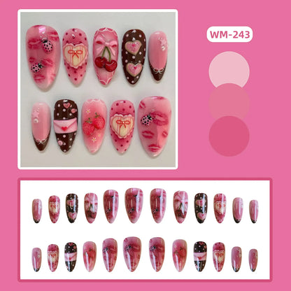24pcs Sweet Letter Press On Nails Cute Cherry Bowknots Ladybug Strawberry Decor False Nails Blush Pink Almond Fake Nail For Girl
