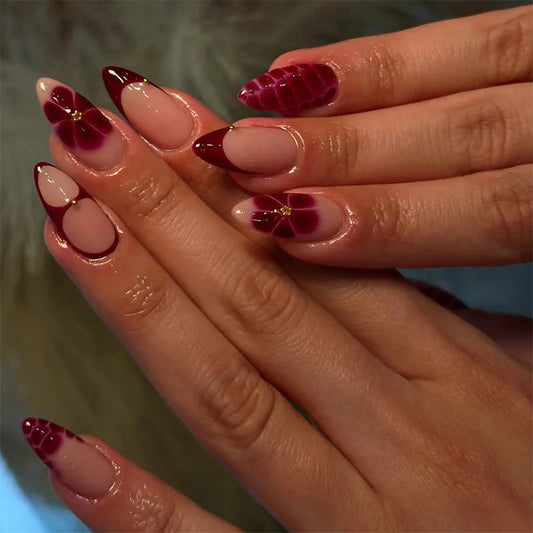 24pcs Finished False Nail Set Wearable Colorful Long Almond Full Cover Nail Tip Flower Butterfly Star Design Press on Fake Nails