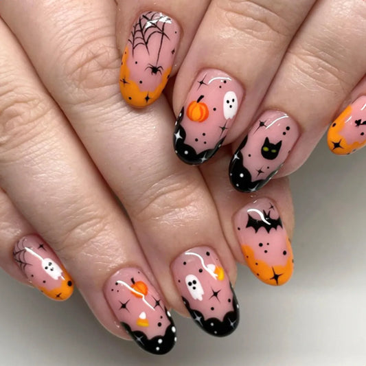 24Pcs Purple Bat French with Design Fake Nails Mid-length Almond Press on False Nails Halloween Detachable Full Cover Nails Tips