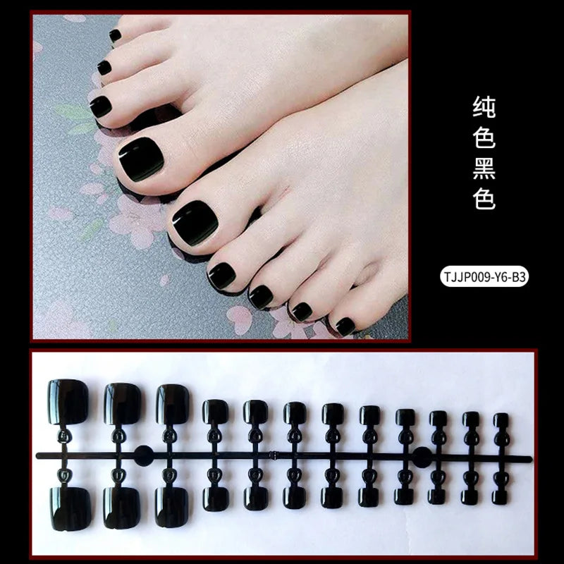 White French Nude Pink Short Fake Toenails Shiny Rhinestone Summer Flower Toe False Nails Detachable Press on Toenails with Glue