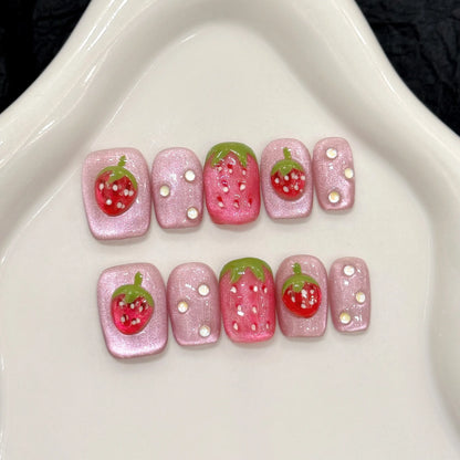 10pcs Cute Short Round Fake Nails Handmade Red Strawberry Designs Cat's Eye Press On Nails Full Cover Sweet Detachable False Nai