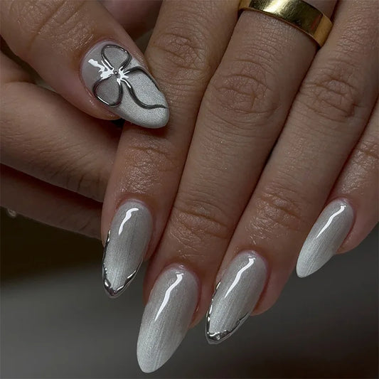 24Pcs Silver Irregular Stripe French Fake Nails Press on Bow Reusable Manicure Tips Mid-length Almond Full Cover False Nails Art