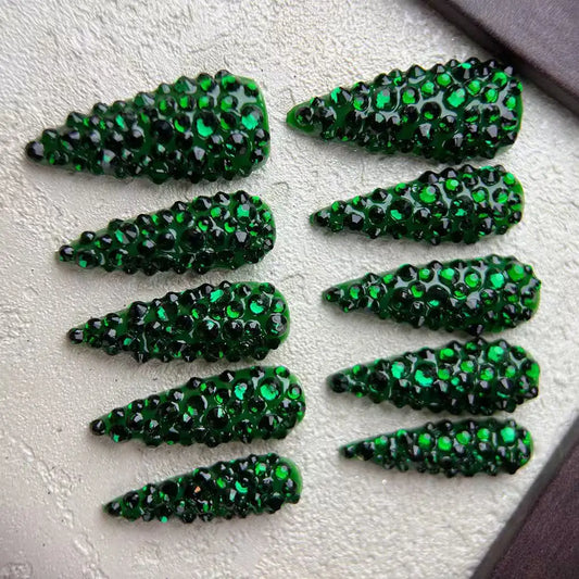 10pcs high-end Court style, emerald green color scheme, glittering with diamonds all over handmade fake nails