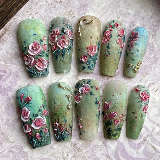 24Pcs Green Leaf Red Flower Smudge Press on False Nails Mid-length Coffin Fake Nails Detachable Artificial Full Cover Nails Tips