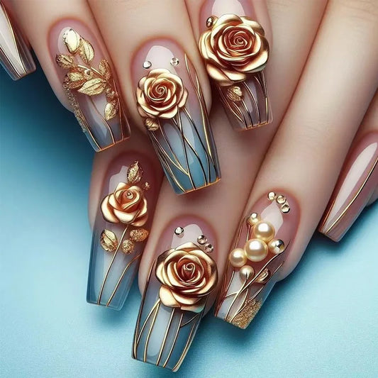24pcs Mid-length Ballet Fake Nails Tip Glitter Gradient Golden Coffin False Nail Art Pearl Flower Line Design Press on Nails Set
