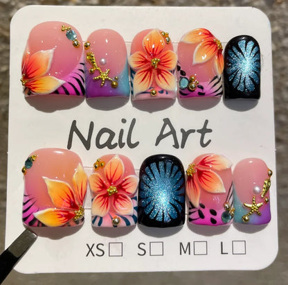 10pcs Yellow Leopard Print French Handmade Press on Nails Short Square False Nails 3D Flower Fake Nail Summer Wearable Nail Art