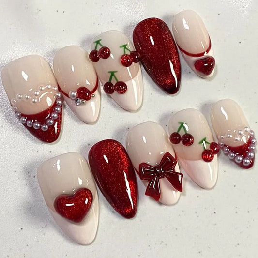24Pcs Mid-length Almond Fake Nails Press on French Red Cat's Eye Cherry False Nails Bow Heart Pearl Reusable Full Cover Nail Tip