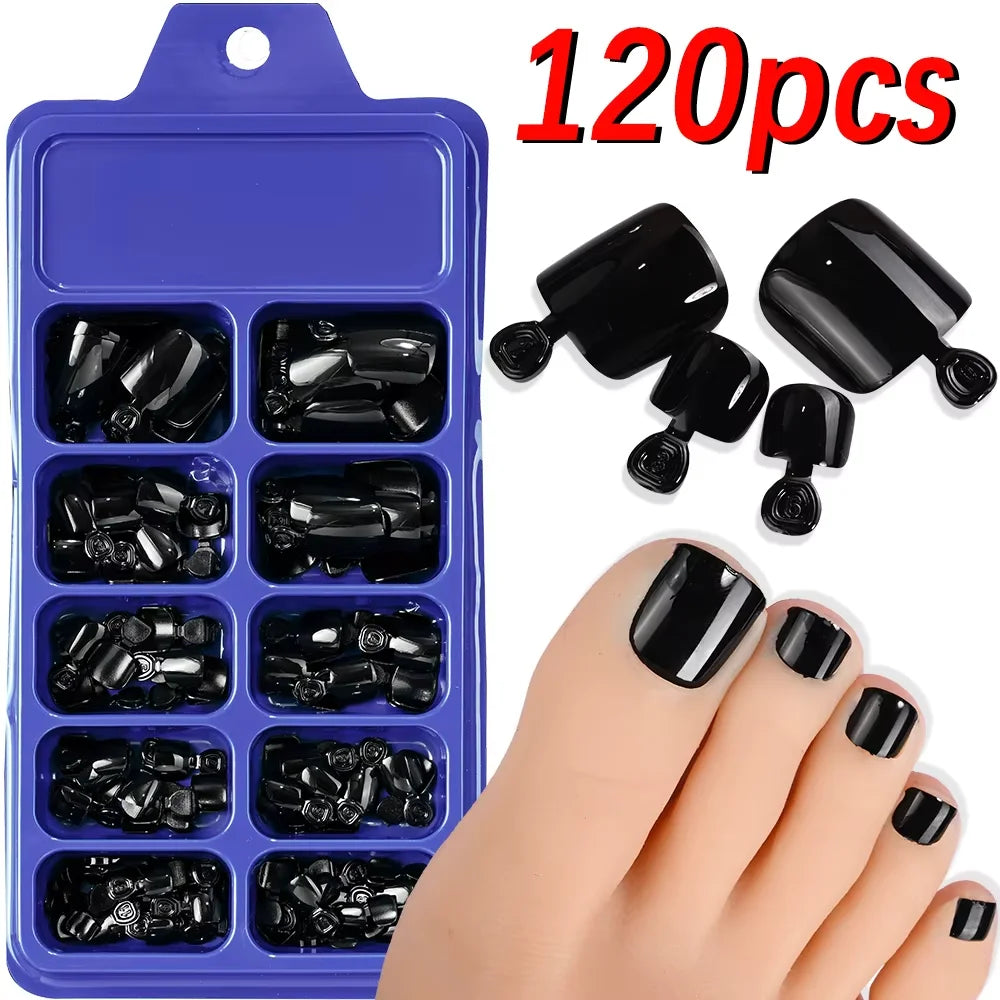 120Pcs Glossy Black Press On Toenails Short Square Full Cover Fake Toenail Tips for Summer Women False Foot Nail Tip Extension
