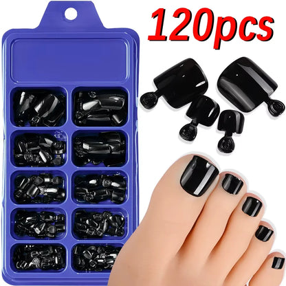 120Pcs Glossy Black Press On Toenails Short Square Full Cover Fake Toenail Tips for Summer Women False Foot Nail Tip Extension