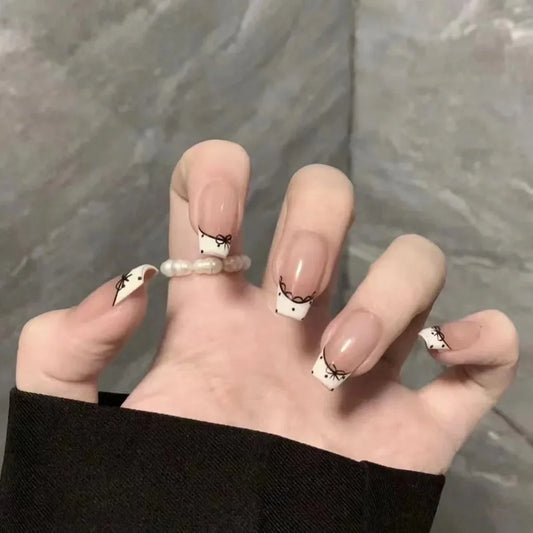 10 PCS Cute Sexy French Lace Press On Nails Sweet Polka Dot Bow Handmade Fake Nails Niche Simple Short Nail Art