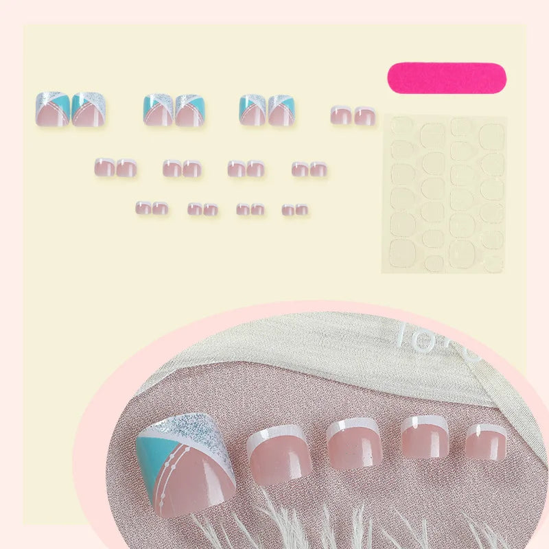 24Pcs Nude Color Fake Toenails Blue French Tip Press On Toe Nails Simple Charm Manicure Women Girls Summer DIY Manicure for Foot