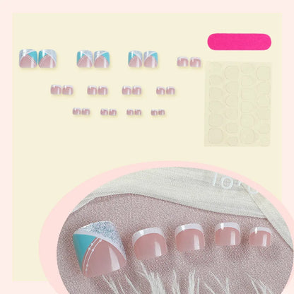24Pcs Nude Color Fake Toenails Blue French Tip Press On Toe Nails Simple Charm Manicure Women Girls Summer DIY Manicure for Foot