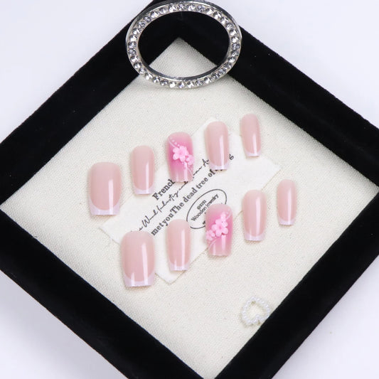 10PCS Handmade Pressed French White Edged Square Short Nails With Pink Flower Design Cleverly Designed Bare Nails And Fake Nails