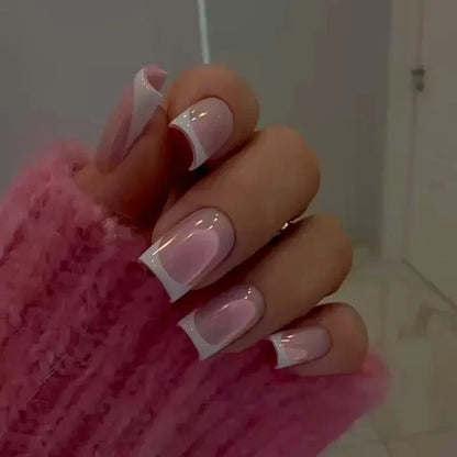 24Pcs Nude White French Fake Nail Short Square Nail Tips Fashion Wearable False Nails with Glue Simple Full Cover Press on Nails