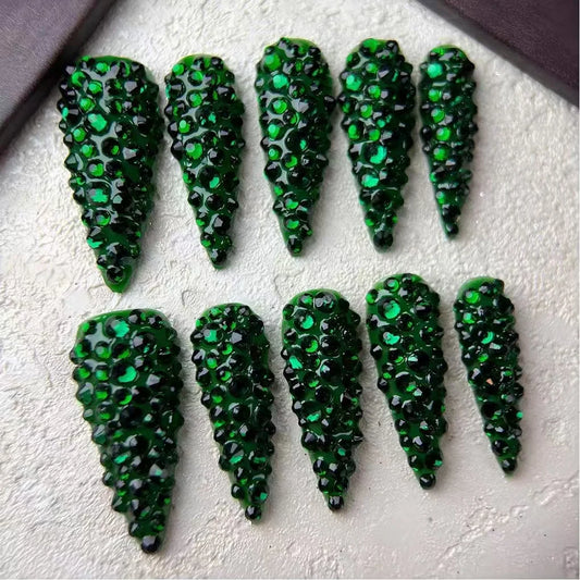10pcs high-end Court style, emerald green color scheme, glittering with diamonds all over handmade fake nails