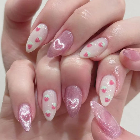 24pcs Aurora Almond Press on Nails Tips Cute Cat's Eye Mid-length Oval Fake Nail with Strawberry Love Pattern Design False Nails