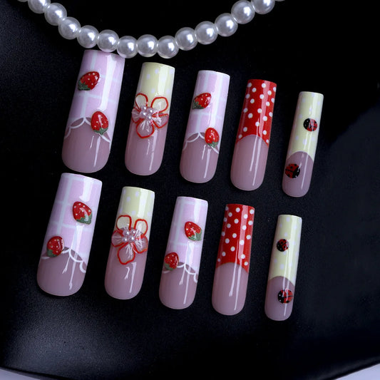 24pcs Long Coffin Sweet Girl Fake Nail Strawberry Wave Point Flower Printed Press On Nail Dopamine Plaid French Style False Nail