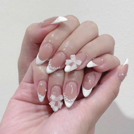 24pcs Bow Stick on Nail Ins French White Long Almond Fake Nails Tips Nude Color Stiletto False Nail Sets Wearable Press on Nails