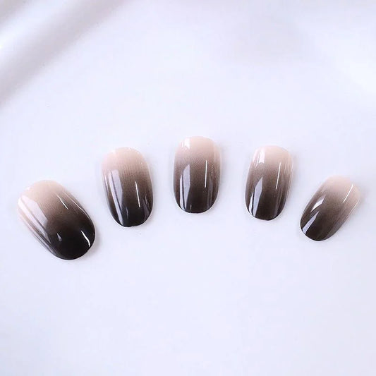 24PCS Black French Pointed Nail Halloween Medium Almond Fake Nail Black Gradient Design Glossy Acrylic Women'S Nail Art