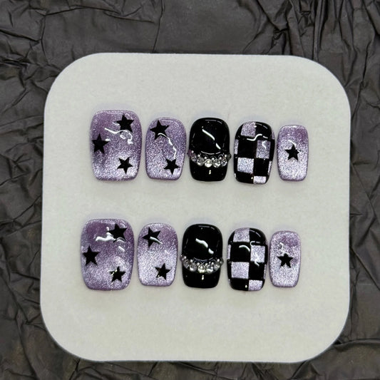10Pcs Cat Eye Press on Nails Purple Edge Love Design Fashion Nails Patch Wearable Short Square French Ballet Manicure Tips Art