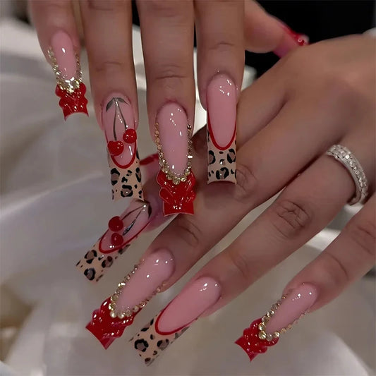 24Pcs Long Square Press on Nails Leopard Print French 3D Cherry Design False Nail Rhinestone Wearable Full Cover Fake Nails Tips