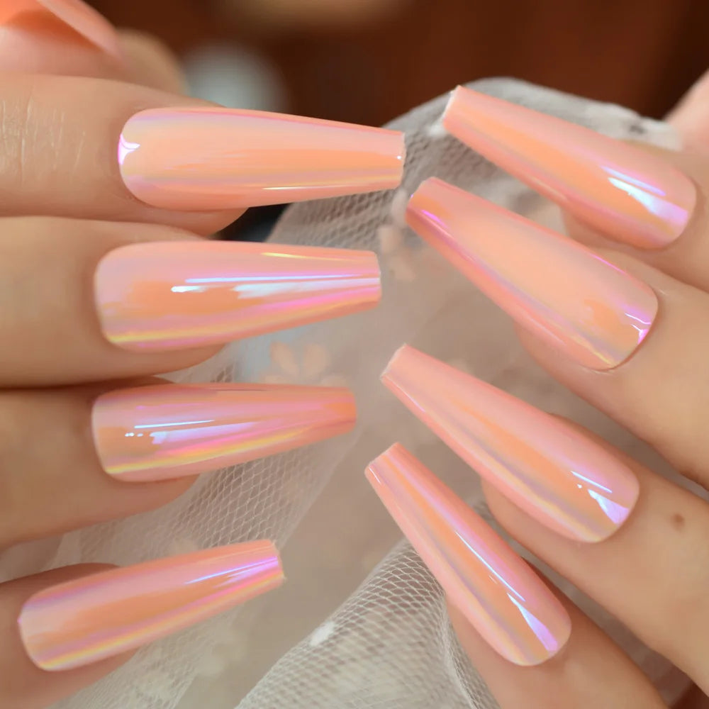 Silver Coffin Fake Nails Long Ballet Metallic False Nail Tips Solid Color Mirror Press On Nails Art Manicure At Home Salon Tools