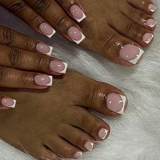 48-Piece French Manicure Acrylic Glossy Finish Consisting Of 24 Short Square Fingernails And 24 Toenails Fully Covering Elegant